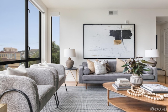 living room with hardwood / wood-style flooring and a wealth of natural light