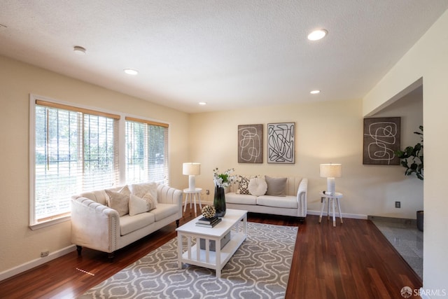 living area featuring recessed lighting, a textured ceiling, baseboards, and wood finished floors