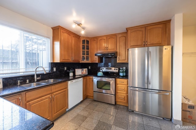 kitchen with tasteful backsplash, under cabinet range hood, appliances with stainless steel finishes, granite finish floor, and a sink