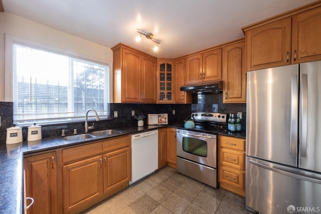 kitchen featuring under cabinet range hood, plenty of natural light, appliances with stainless steel finishes, and a sink