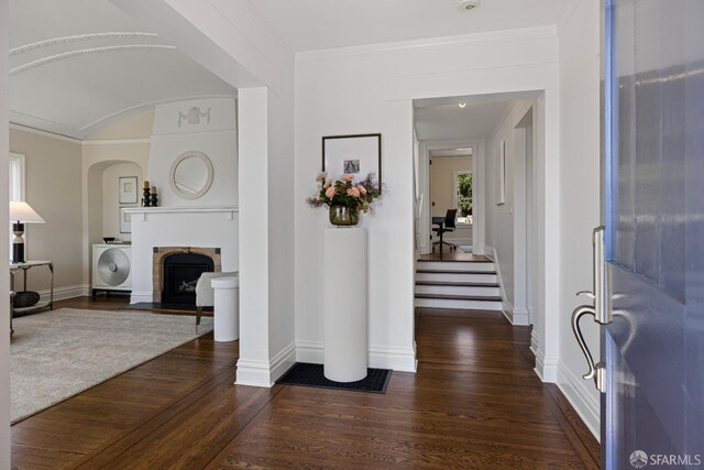 130 Cerritos Ave, San Francisco, CA 94127 - foyer featuring dark wood finished floors, baseboards, a fireplace with flush hearth, and stairs