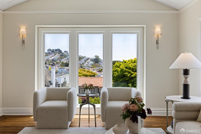 130 Cerritos Ave, San Francisco, CA 94127 - sitting room featuring vaulted ceiling, wood finished floors, baseboards, plenty of natural light, and crown molding