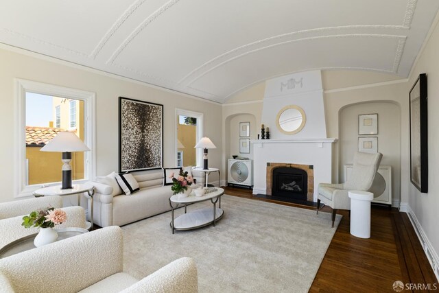 130 Cerritos Ave, San Francisco, CA 94127 - living area with baseboards, dark wood-style flooring, healthy amount of natural light, a tiled fireplace, and vaulted ceiling