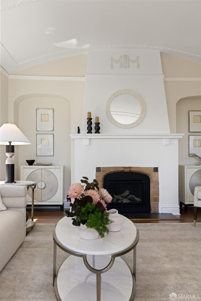 130 Cerritos Ave, San Francisco, CA 94127 - living area with lofted ceiling, a fireplace, wood finished floors, and crown molding