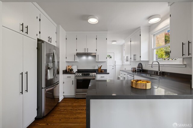 130 Cerritos Ave, San Francisco, CA 94127 - kitchen featuring stainless steel appliances, dark countertops, a sink, a peninsula, and white cabinetry