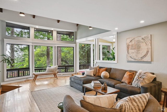 living room with recessed lighting and wood finished floors