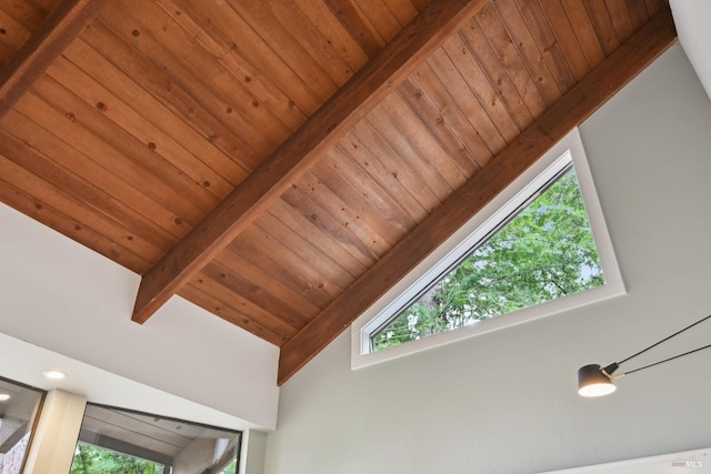 details with recessed lighting, wooden ceiling, and beam ceiling