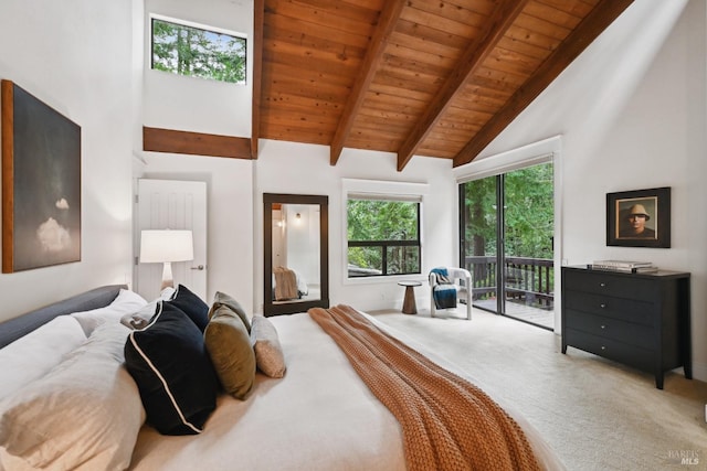 carpeted bedroom featuring high vaulted ceiling, access to outside, beam ceiling, and wood ceiling