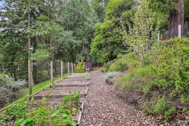 view of yard featuring an outdoor structure, a shed, a garden, and fence