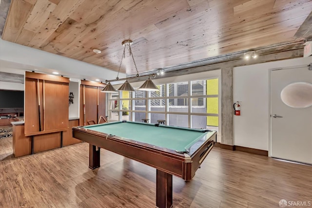 playroom with hardwood / wood-style floors, track lighting, wooden ceiling, and billiards