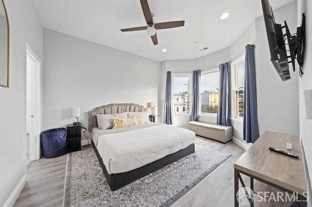 3000 26th St, San Francisco, CA 94110 - bedroom with light wood-style floors, baseboards, recessed lighting, and ceiling fan