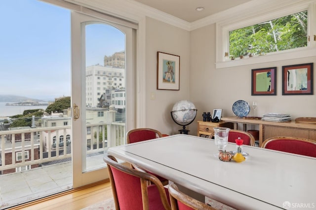 dining room featuring ornamental molding, a water view, and light hardwood / wood-style floors