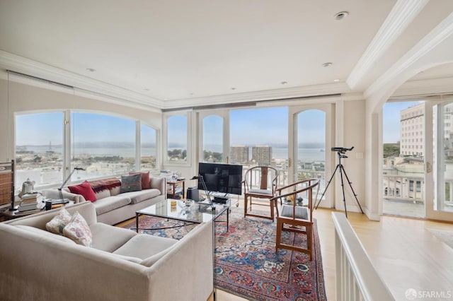 living room featuring plenty of natural light, light hardwood / wood-style floors, and crown molding