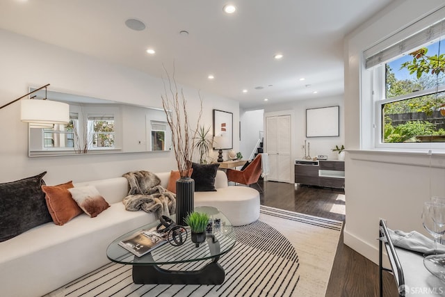 438 Broderick St, San Francisco, CA 94117 - living area with recessed lighting, wood finished floors, and stairway