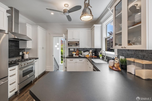 438 Broderick St, San Francisco, CA 94117 - kitchen with wall chimney range hood, a sink, appliances with stainless steel finishes, dark countertops, and healthy amount of natural light