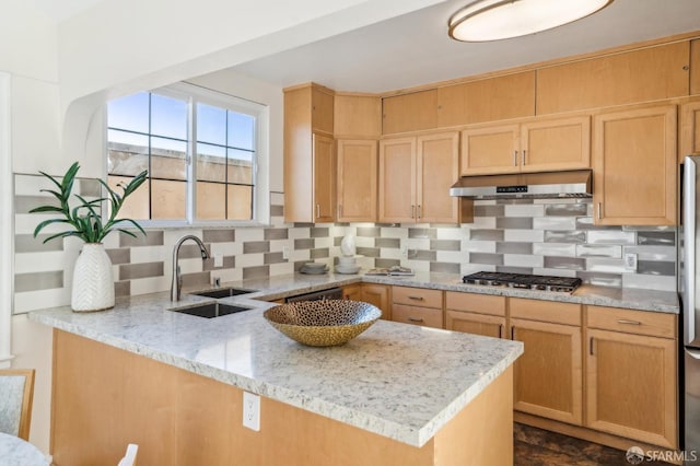 kitchen featuring sink, decorative backsplash, exhaust hood, stainless steel appliances, and light stone countertops