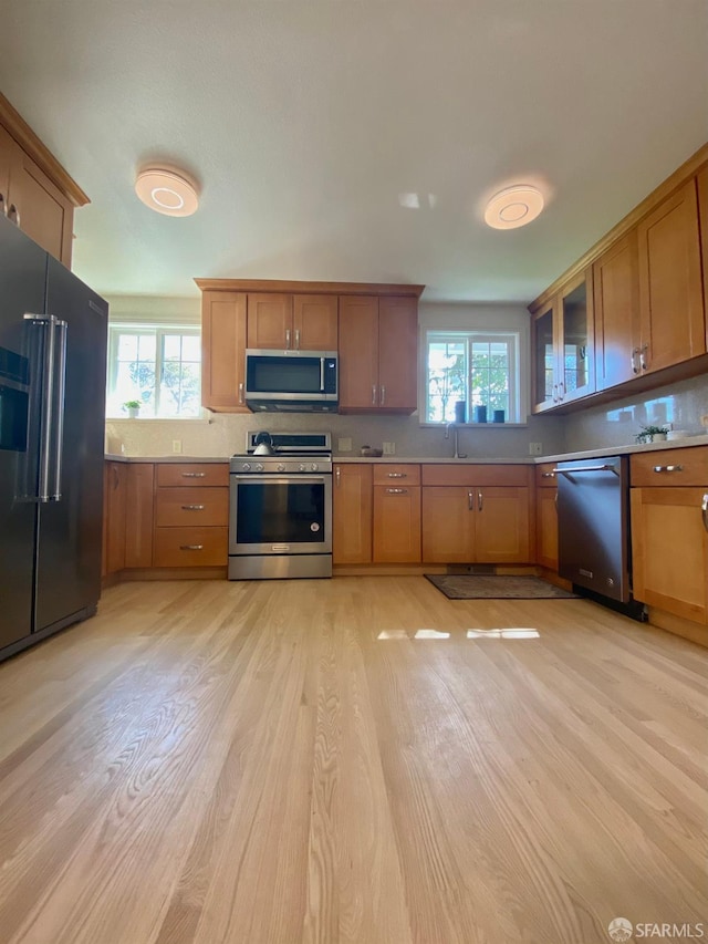 kitchen featuring a sink, appliances with stainless steel finishes, a healthy amount of sunlight, and light wood finished floors