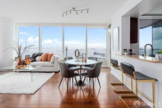 dining area featuring dark hardwood / wood-style flooring, a water view, and sink