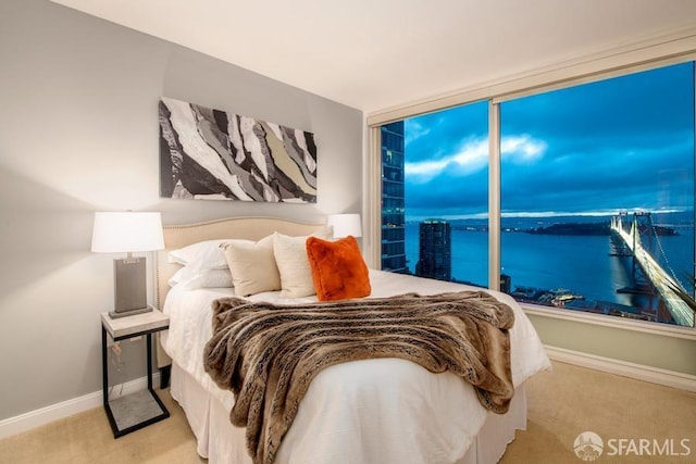 bedroom featuring light carpet and a water view