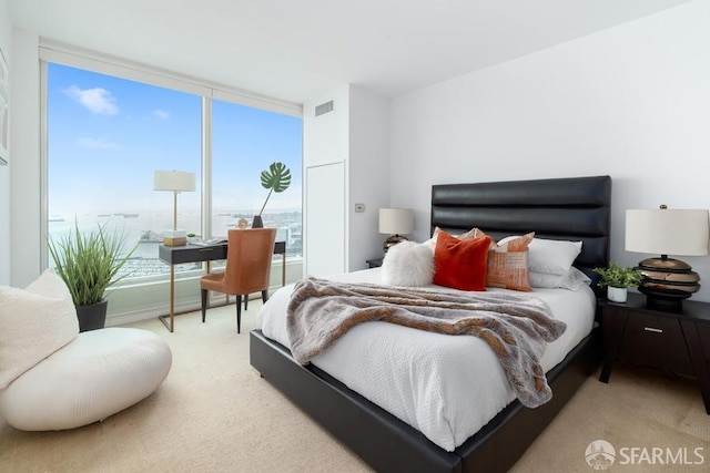 carpeted bedroom with floor to ceiling windows