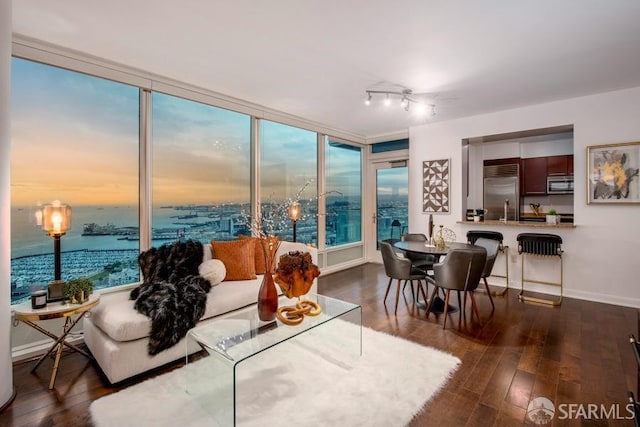 living room featuring a water view and dark hardwood / wood-style floors