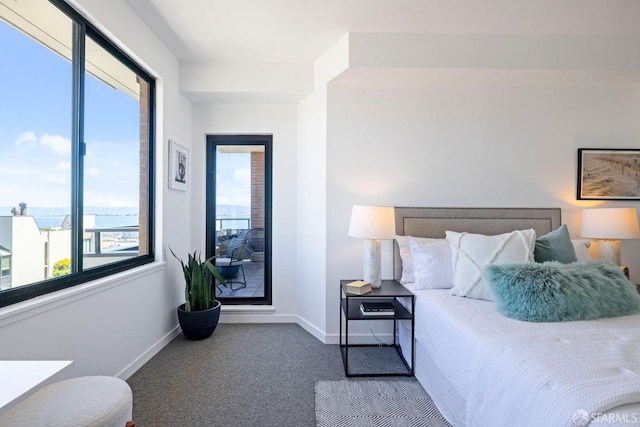 bedroom featuring carpet and a water view