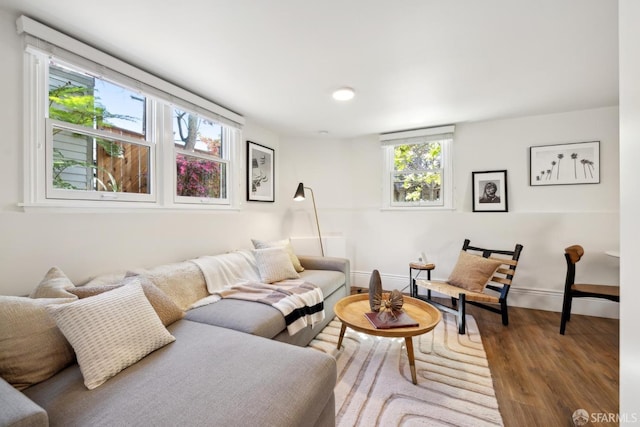 living area featuring baseboards and wood finished floors