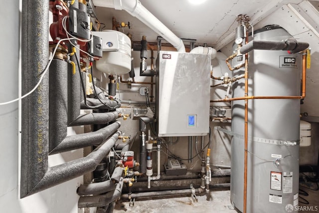 utility room with tankless water heater and gas water heater