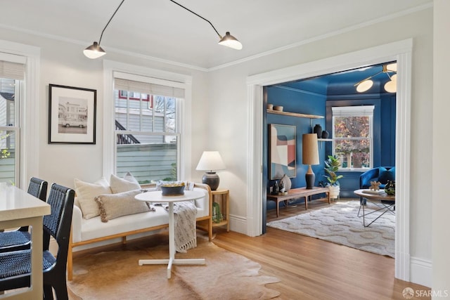 interior space featuring baseboards, wood finished floors, and crown molding