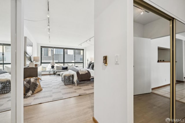 bedroom with rail lighting, light hardwood / wood-style flooring, and multiple windows