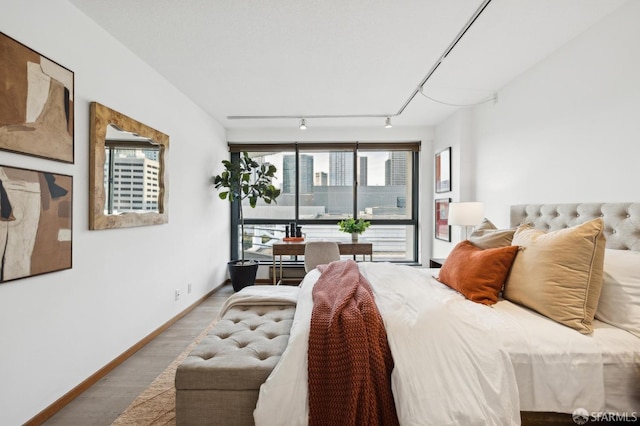 bedroom featuring light hardwood / wood-style floors and rail lighting