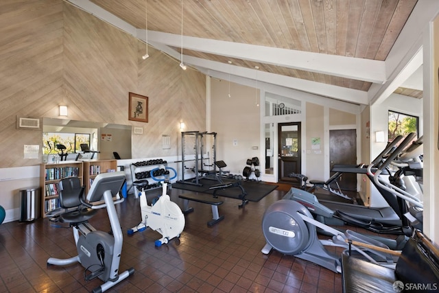 exercise room with high vaulted ceiling