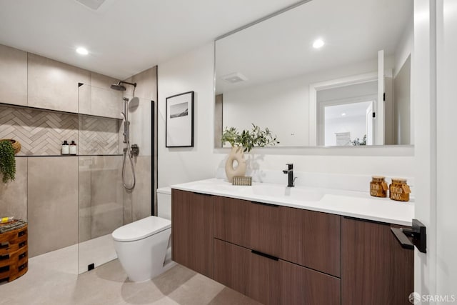 738 Athens St, San Francisco, CA 94112 - full bathroom with vanity, a tile shower, recessed lighting, and tile patterned flooring