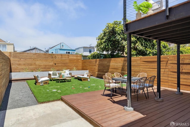 738 Athens St, San Francisco, CA 94112 - wooden deck with a fenced backyard, outdoor lounge area, and outdoor dining area