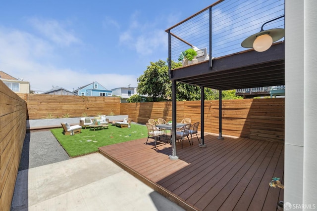 738 Athens St, San Francisco, CA 94112 - wooden deck with outdoor dining space, a fenced backyard, and outdoor lounge area
