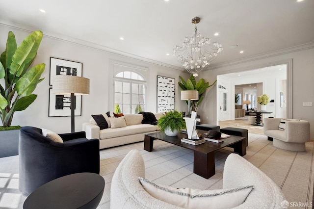 living room with crown molding and a chandelier