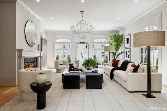 tiled living room featuring a wealth of natural light, a high end fireplace, and crown molding