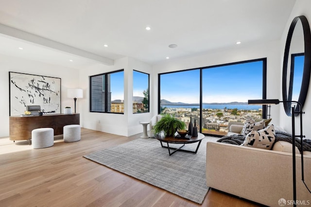 living room featuring beamed ceiling, a mountain view, and light hardwood / wood-style floors