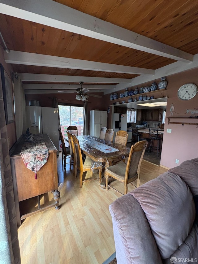 dining area with light wood-type flooring, wooden ceiling, ceiling fan, and beamed ceiling