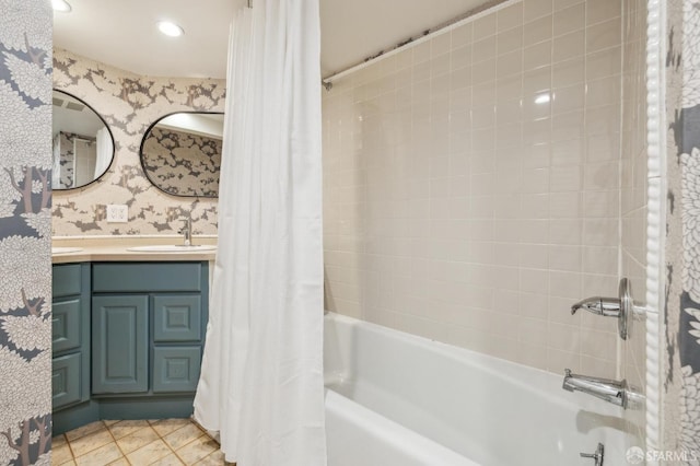 318 Caselli Ave, San Francisco, CA 94114 - bathroom featuring shower / bath combo with shower curtain, double vanity, wallpapered walls, and recessed lighting