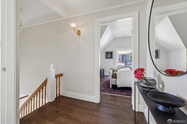 318 Caselli Ave, San Francisco, CA 94114 - hallway featuring an upstairs landing, dark wood-style flooring, baseboards, and vaulted ceiling