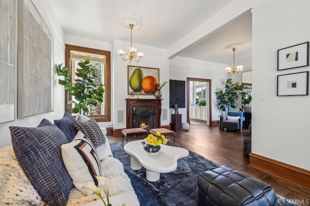 318 Caselli Ave, San Francisco, CA 94114 - living room featuring a chandelier, baseboards, wood finished floors, and a lit fireplace