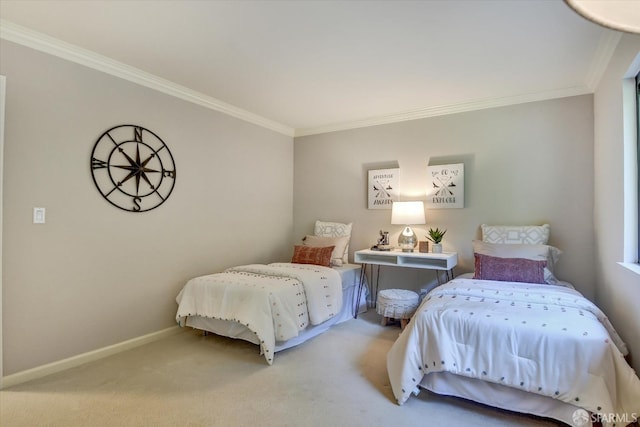 carpeted bedroom with ornamental molding