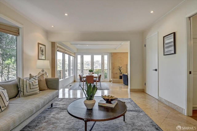 living room featuring ornamental molding