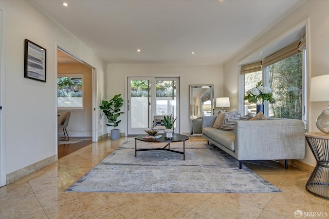 living room with crown molding