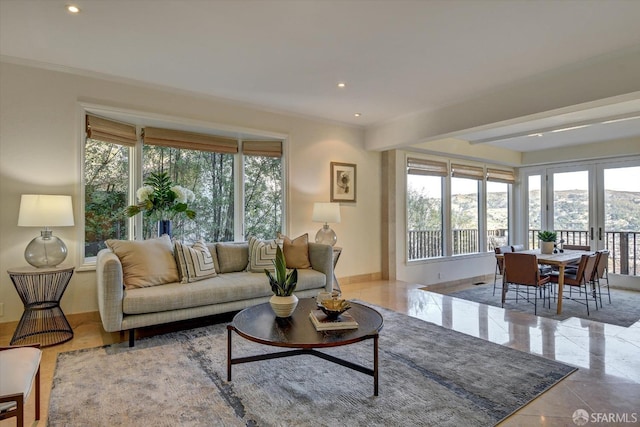 living room with ornamental molding, a healthy amount of sunlight, and french doors