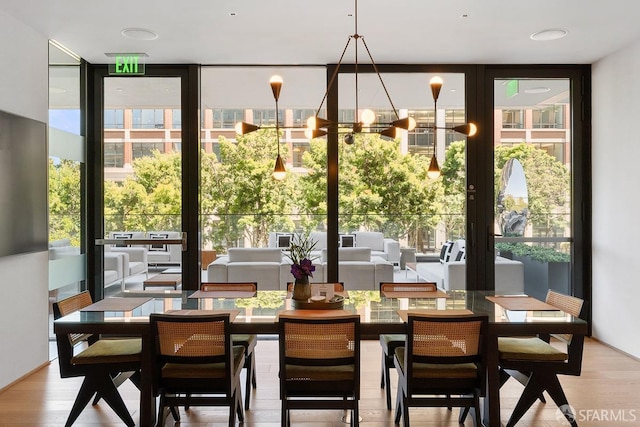 dining space featuring expansive windows, plenty of natural light, light hardwood / wood-style floors, and a notable chandelier