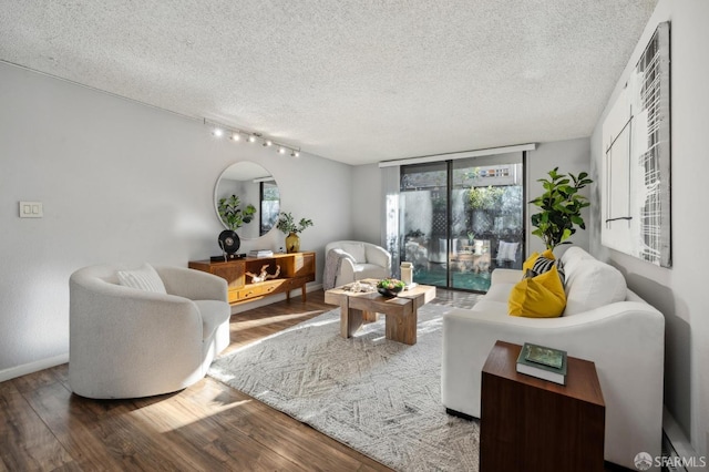 living room featuring a textured ceiling, hardwood / wood-style floors, and expansive windows