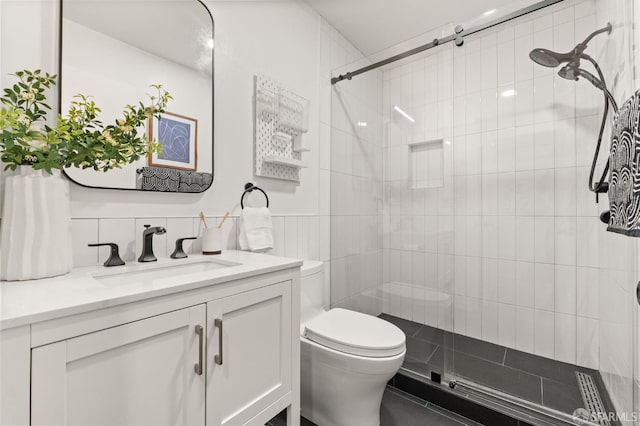 2811 Bayview Dr, Alameda, CA 94501 - full bathroom with toilet, tiled shower, vanity, and tile walls