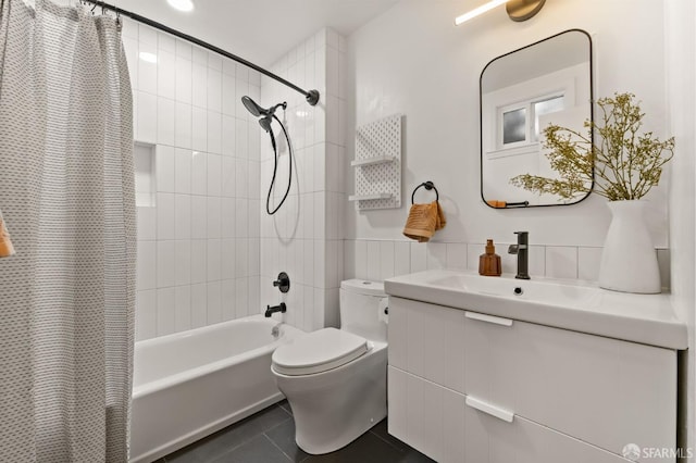 2811 Bayview Dr, Alameda, CA 94501 - bathroom featuring shower / tub combo with curtain, vanity, tile walls, tile patterned floors, and toilet